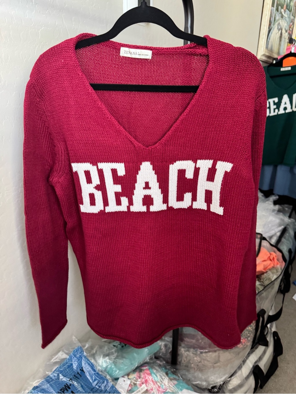 Burgundy V-Neck 'BEACH' Knit Sweater by Zenana Small
